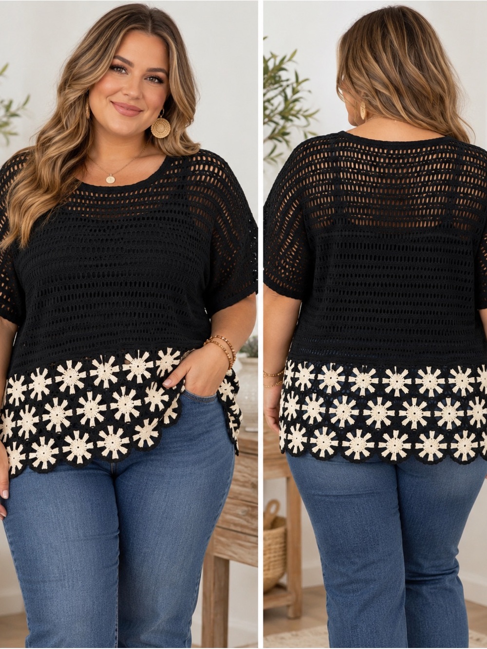 Cato Black Open-Knit Tunic with Cream Floral Hem